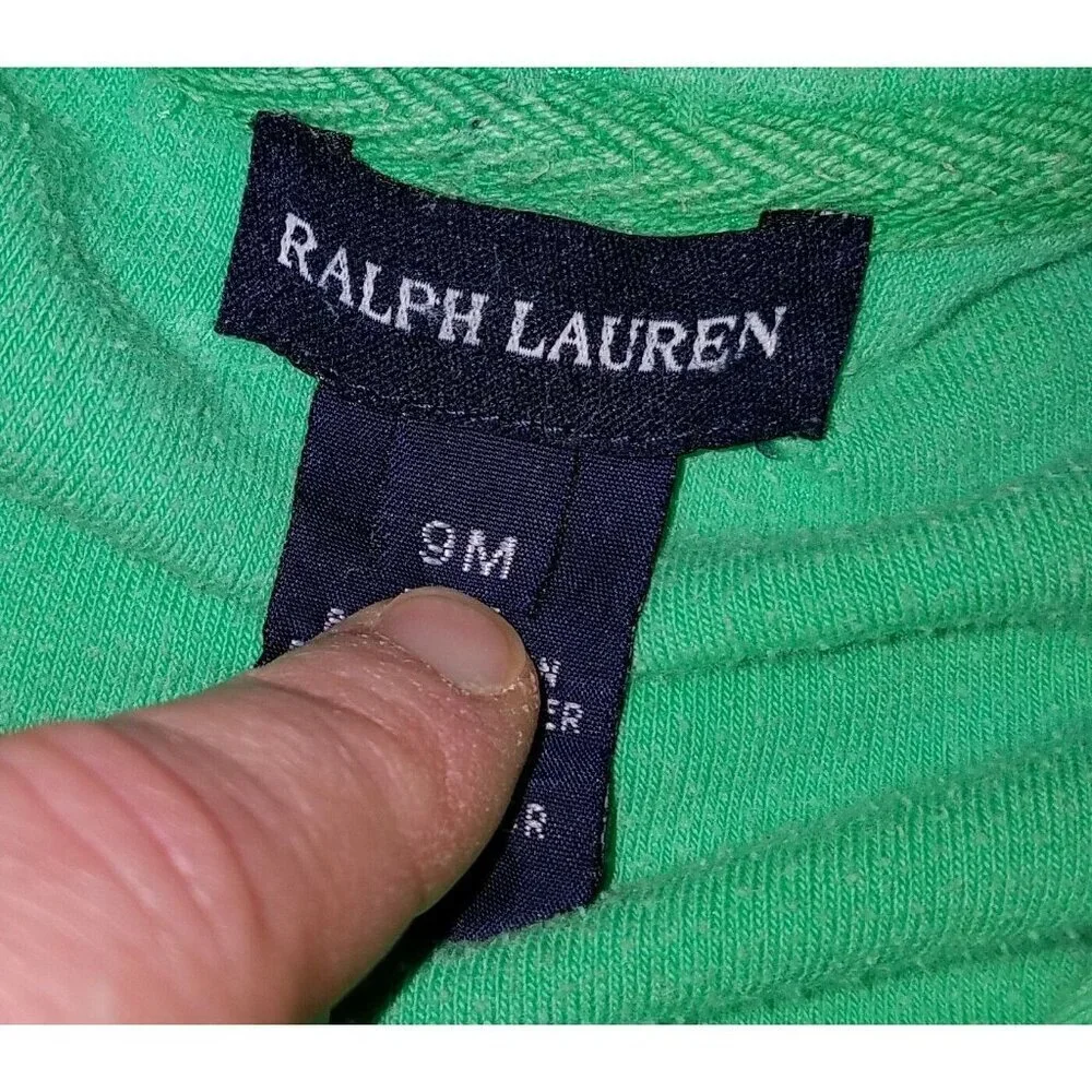 Ralph Lauren Green Velour Hoodie Full Zip Sweatshirt Baby Infant 9 Months READ